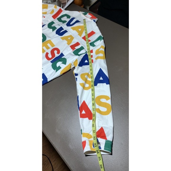 Desigual Multicolor Logo Print White Denim Jean Jacket L Graphic Button Front - Picture 10 of 16